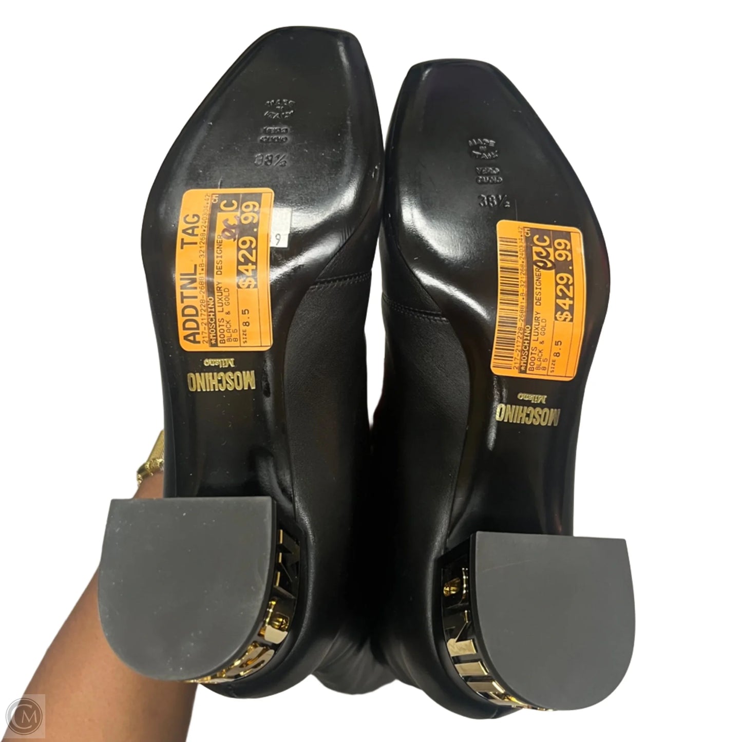 Boots Luxury Designer By Moschino In Black & Gold, Size: 8.5