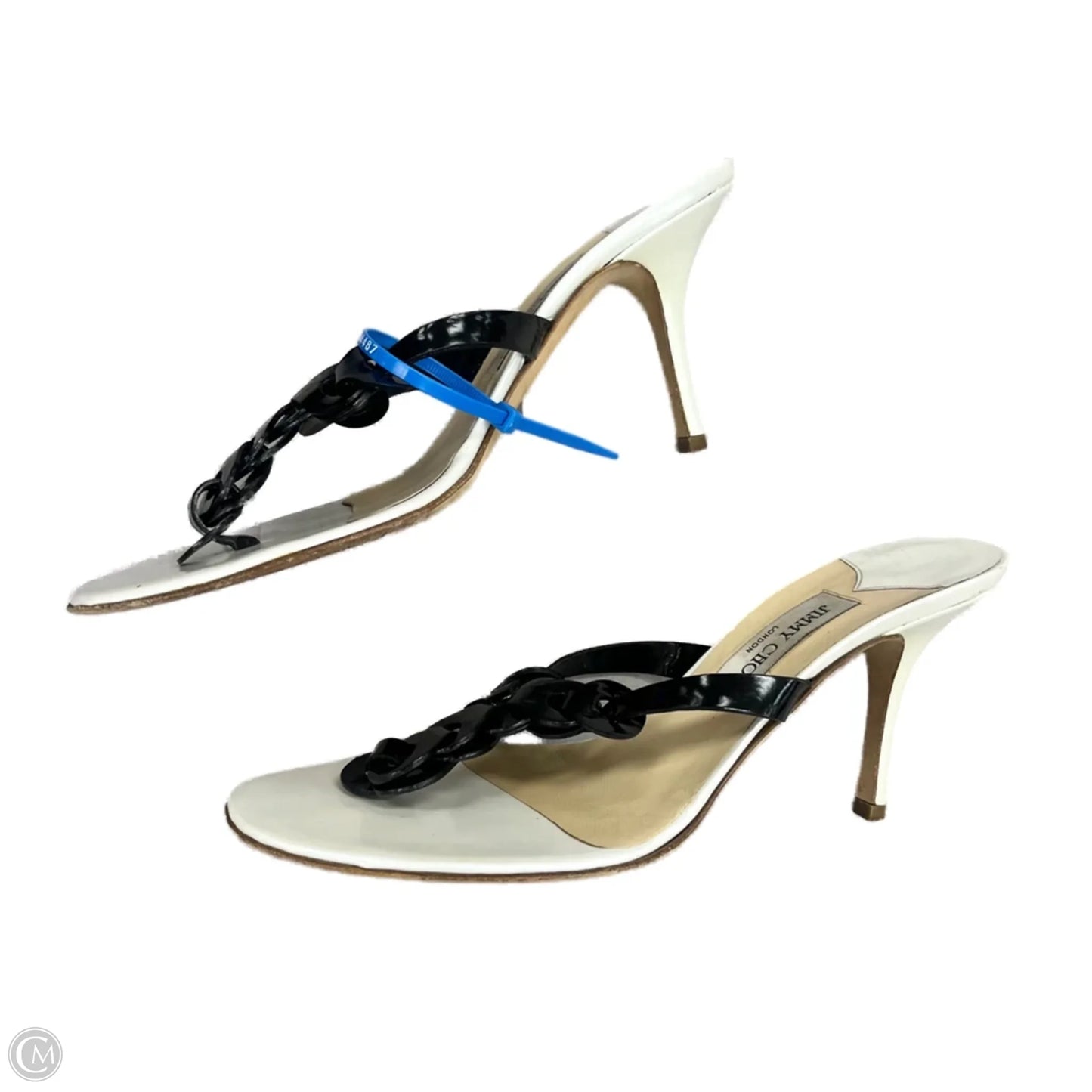 Sandals Luxury Designer By Jimmy Choo In Black & White, Size: 10.5