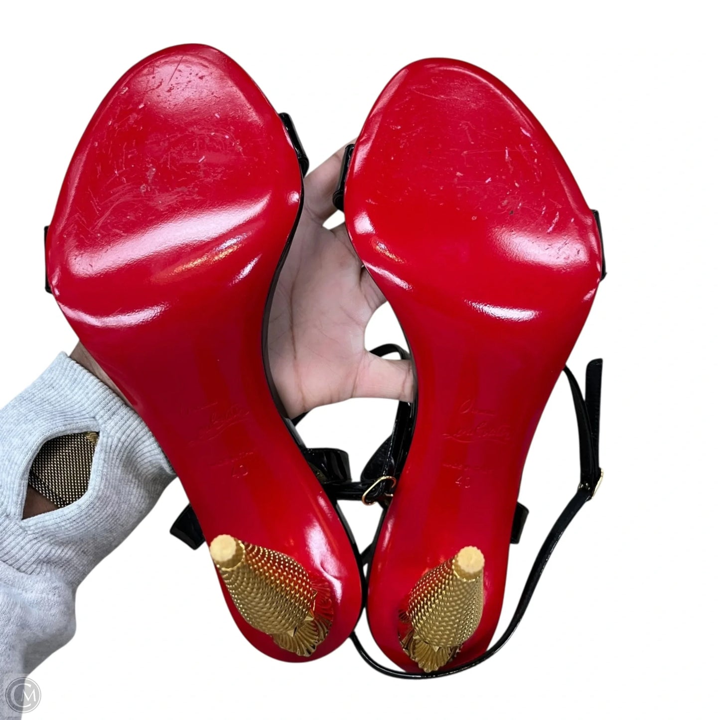 Sandals Luxury Designer By Christian Louboutin In Black & Gold, Size: 9.5