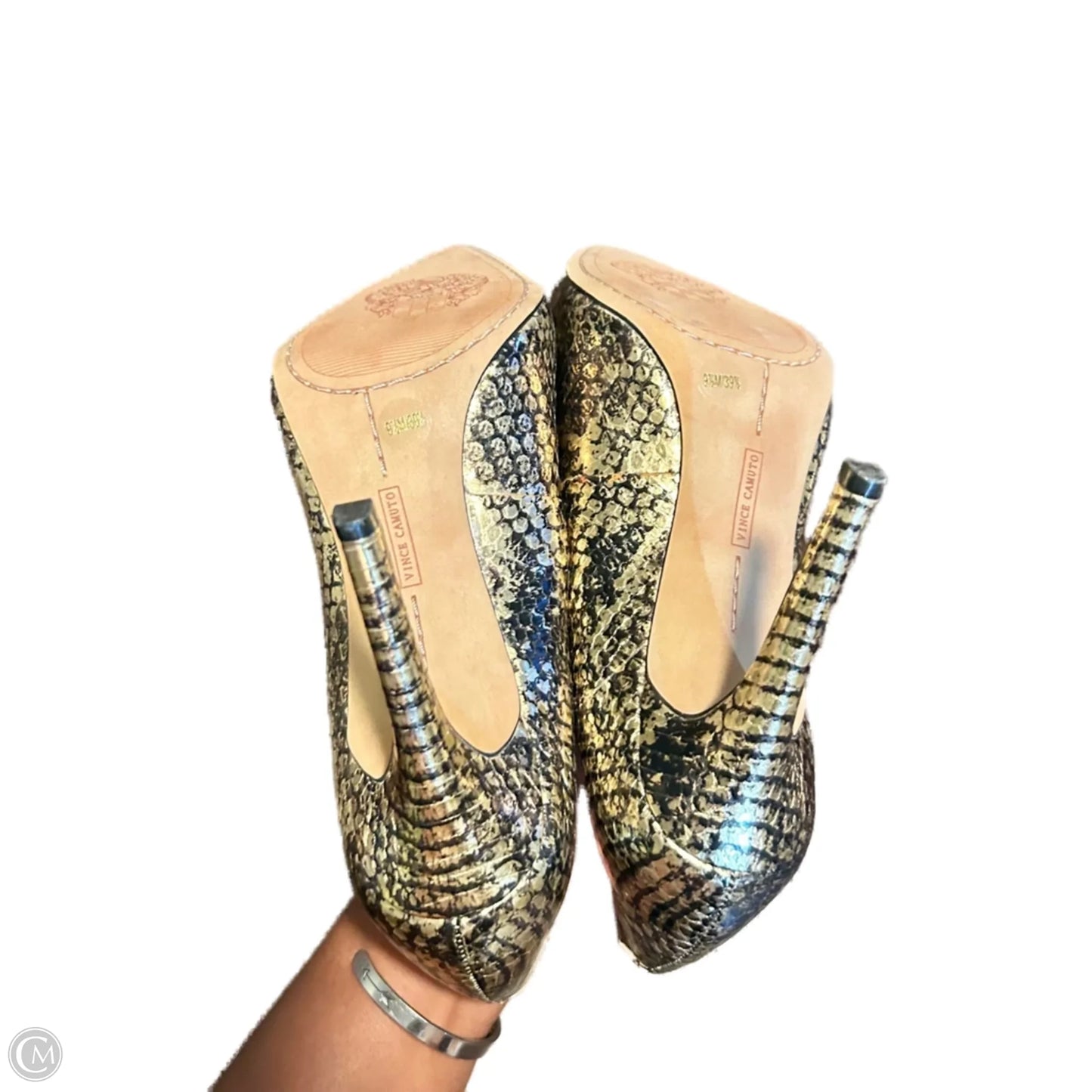 Shoes Heels Stiletto By Vince Camuto In Black & Gold, Size: 9.5