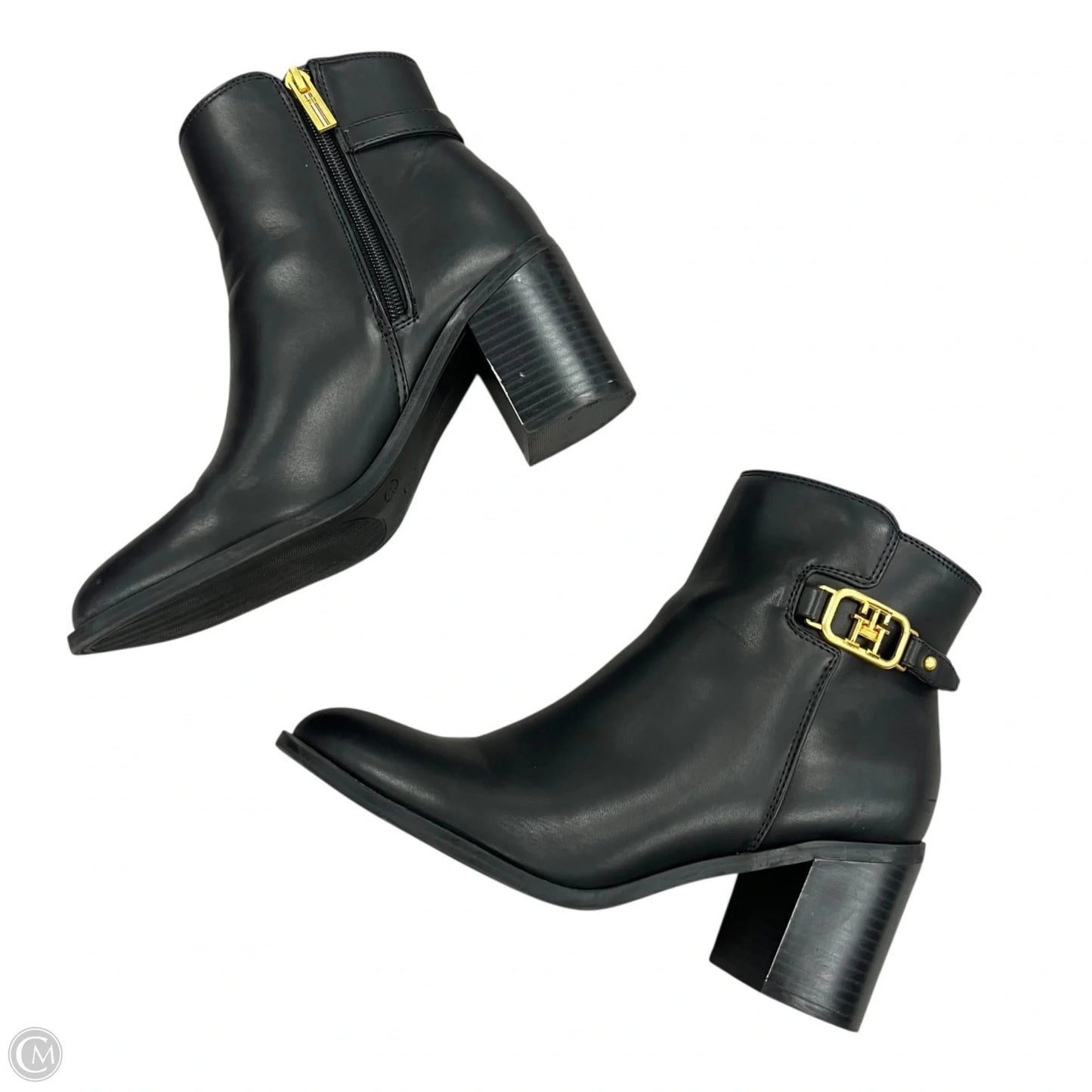 Boots Ankle Heels By Tommy Hilfiger In Black & Gold, Size: 8