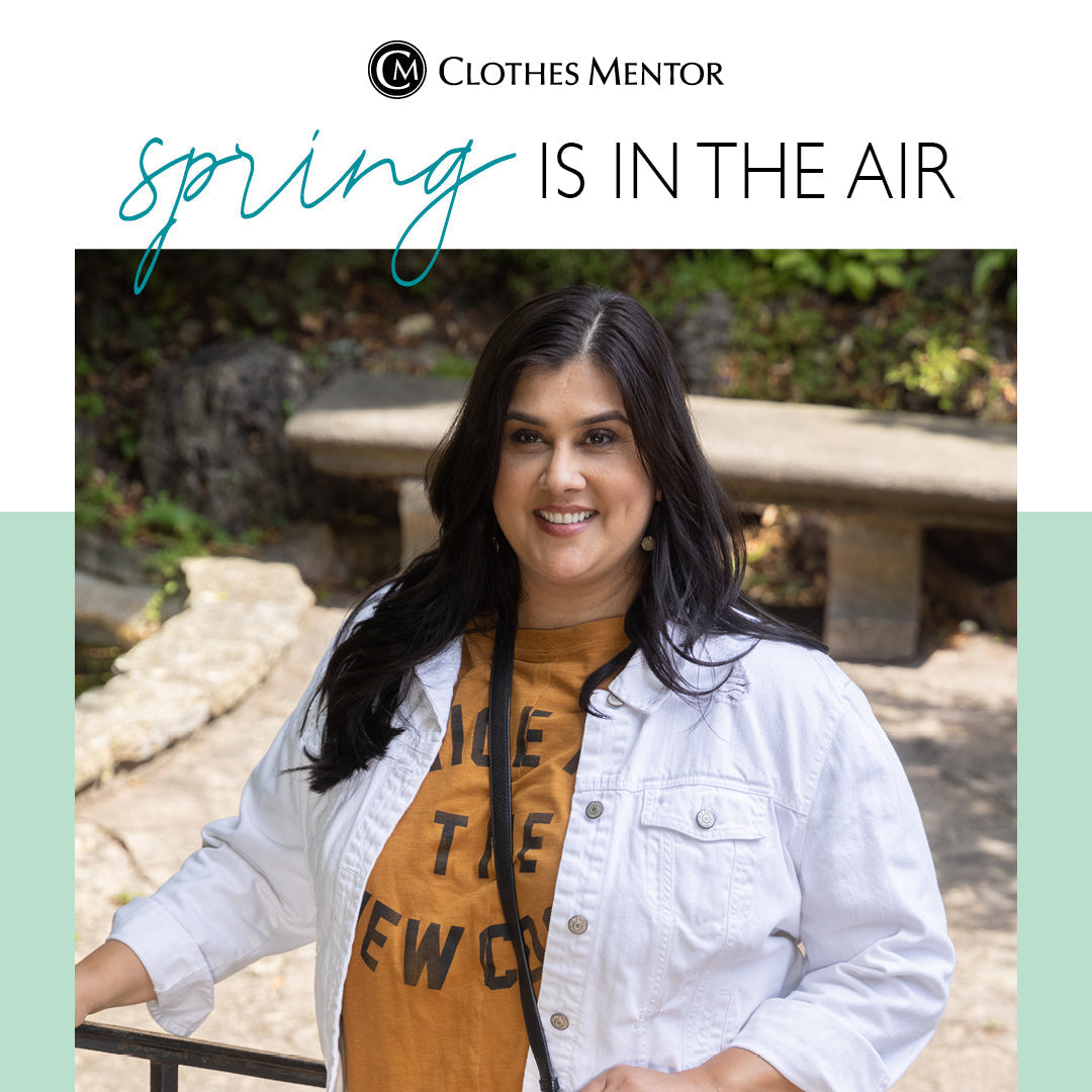 Casually dressed woman outside depicting spring