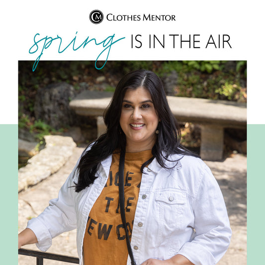 Casually dressed woman outside depicting spring