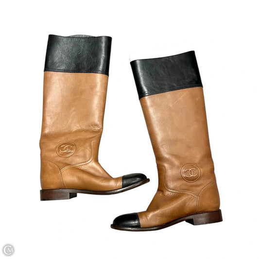 Boots Luxury Designer By Chanel In Brown, Size: 6.5