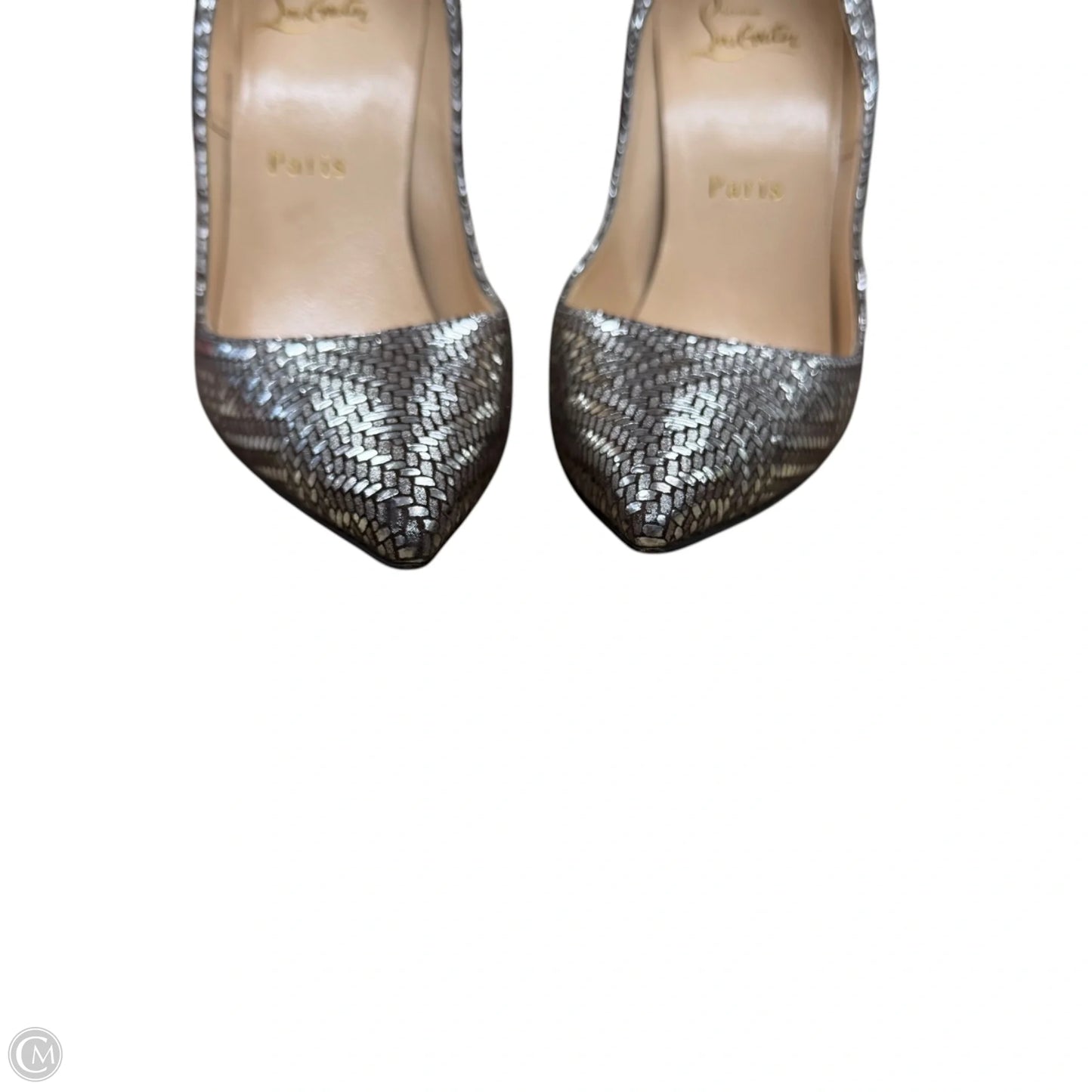 Shoes Luxury Designer By Christian Louboutin In Silver, Size: 6
