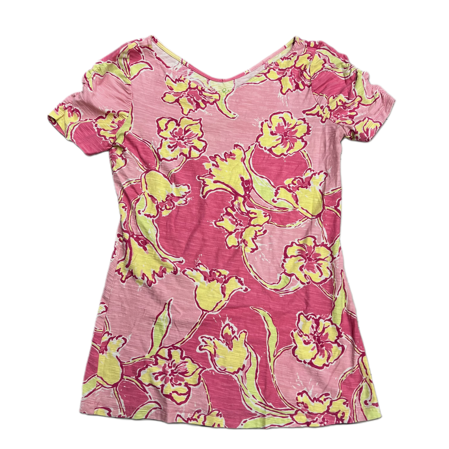 Top Short Sleeve Designer By Lilly Pulitzer In Pink & Yellow, Size: S