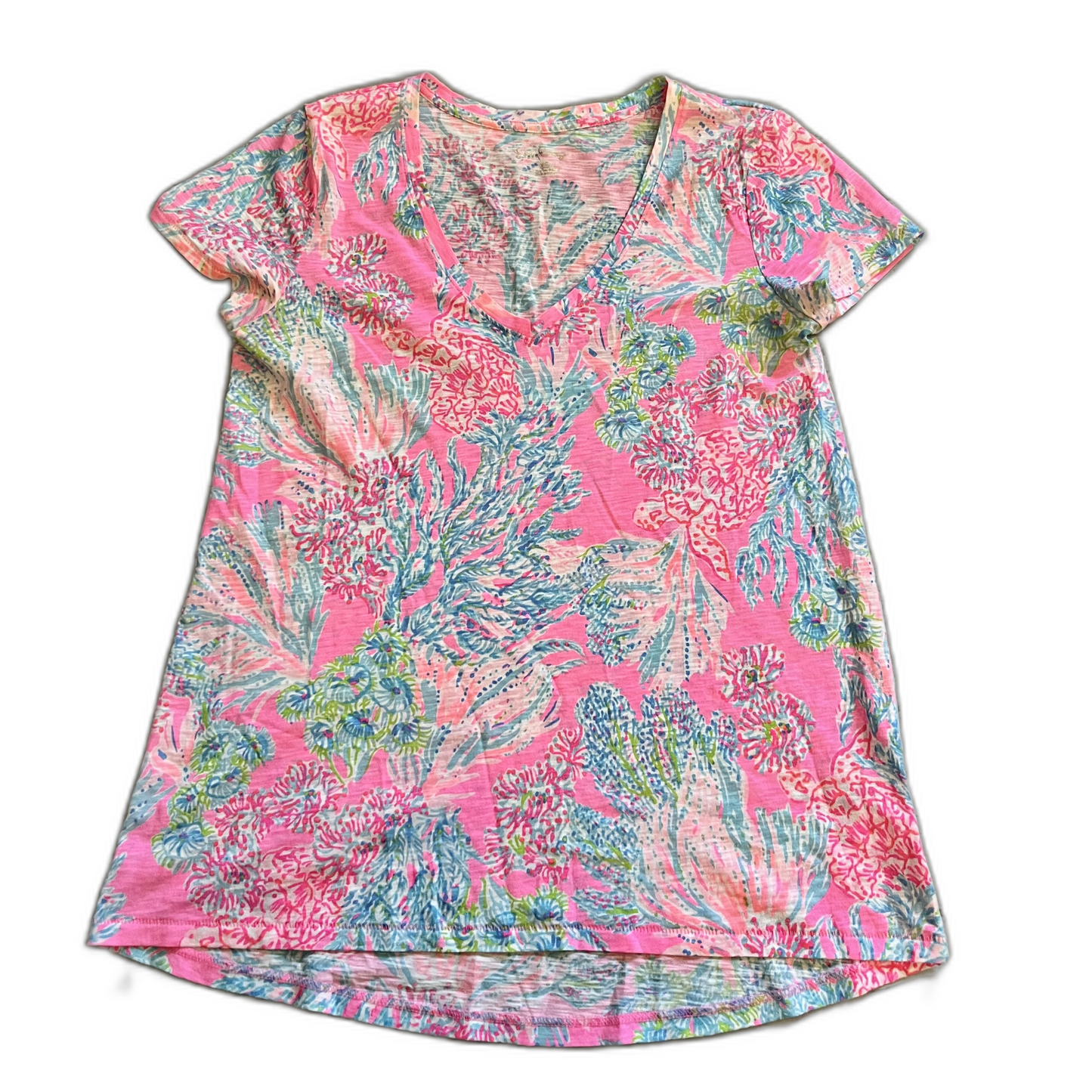 Top Short Sleeve Designer By Lilly Pulitzer In Blue & Pink, Size: Xs