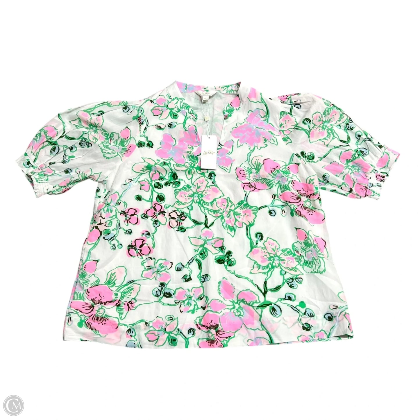 Top Short Sleeve Designer By Lilly Pulitzer In Green & Pink, Size: Xl