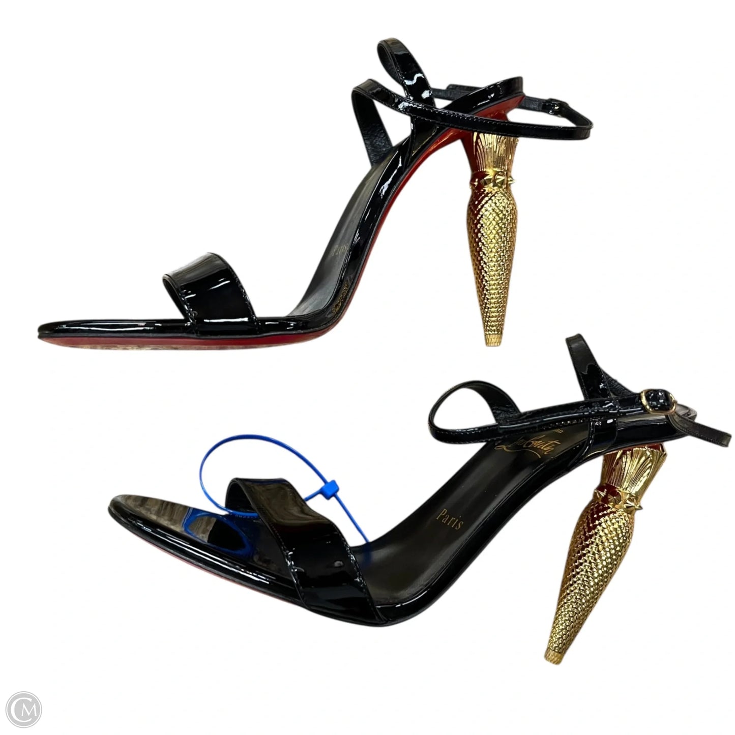 Sandals Luxury Designer By Christian Louboutin In Black & Gold, Size: 9.5