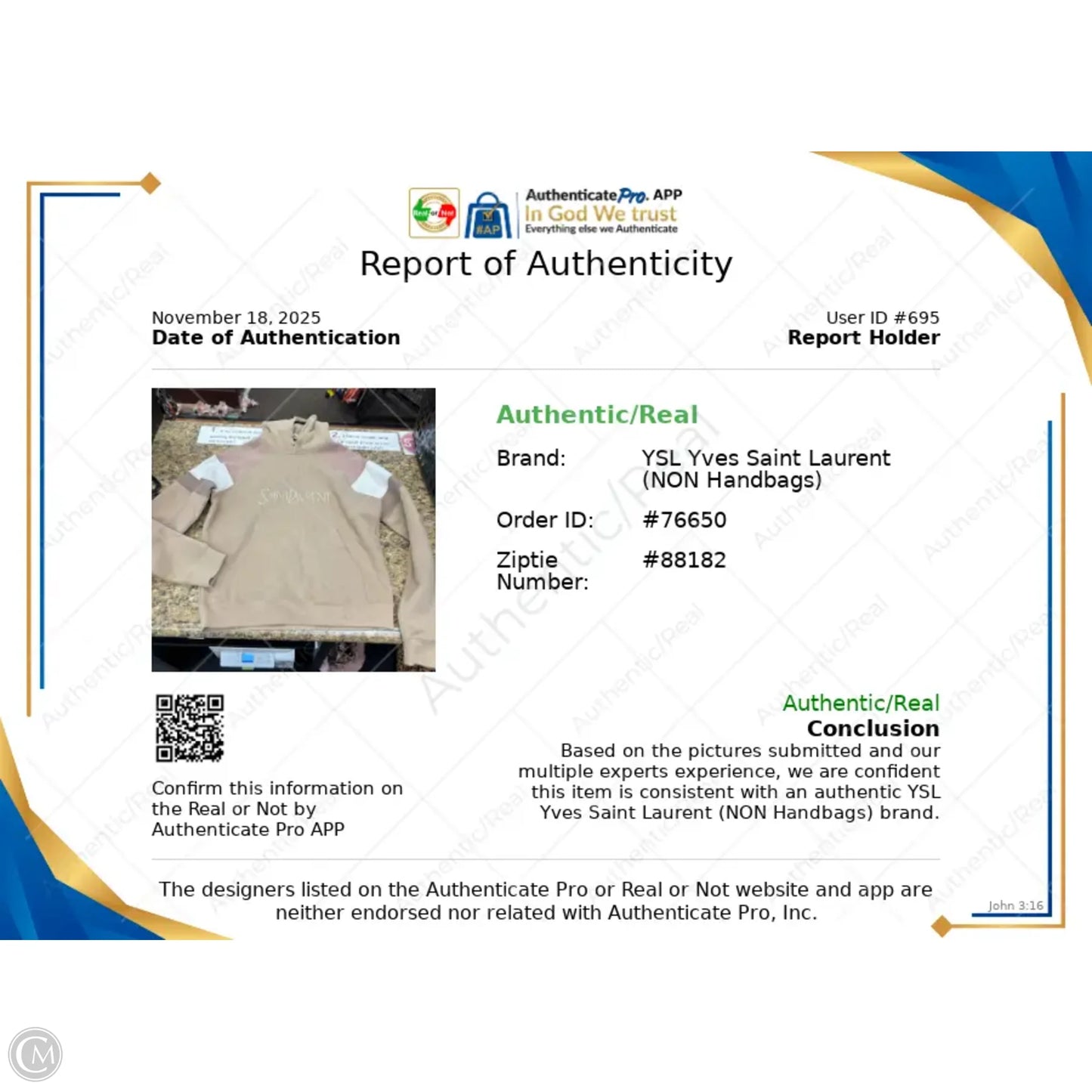 Sweatshirt Luxury Designer By Yves Saint Laurent In Tan & White, Size: M