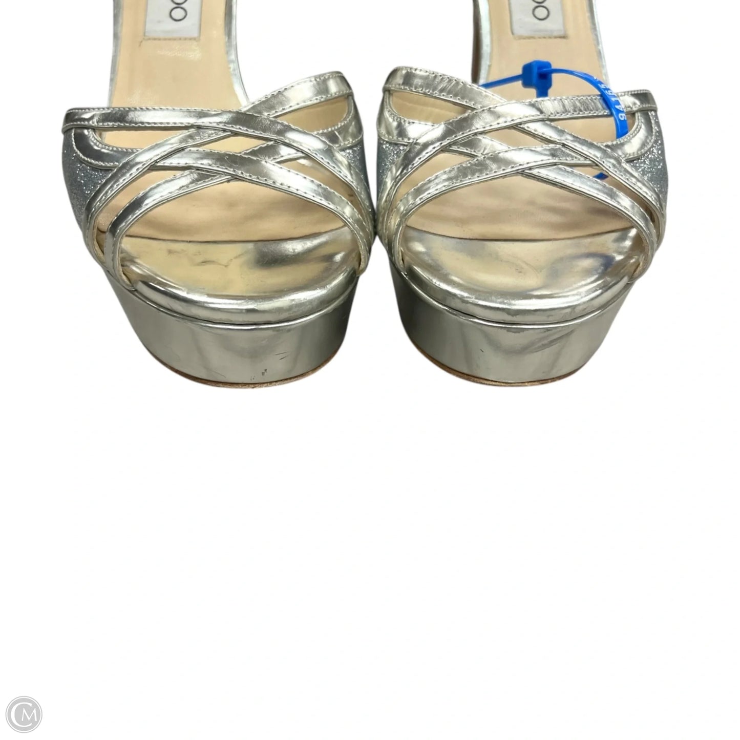 Sandals Luxury Designer By Jimmy Choo In Silver, Size: 7.5