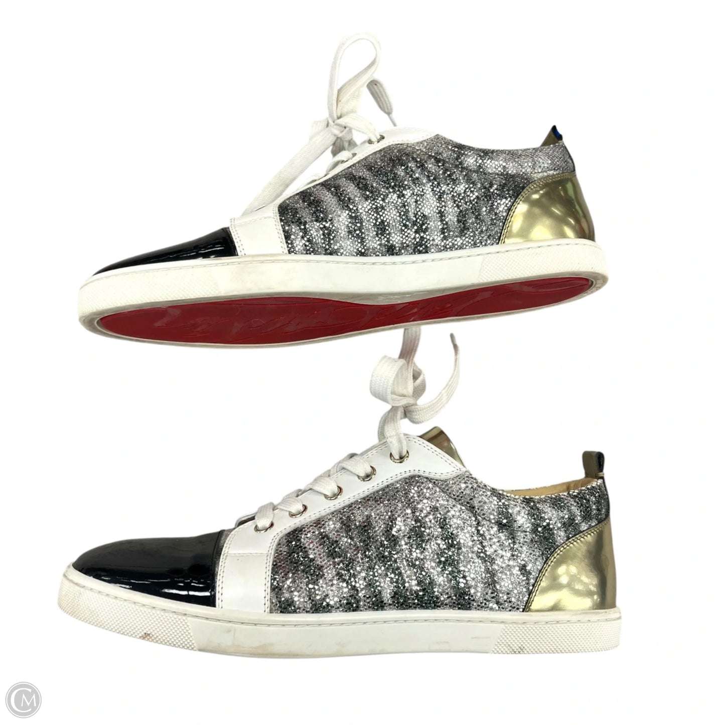 Shoes Luxury Designer By Christian Louboutin In Black & Gold, Size: 9