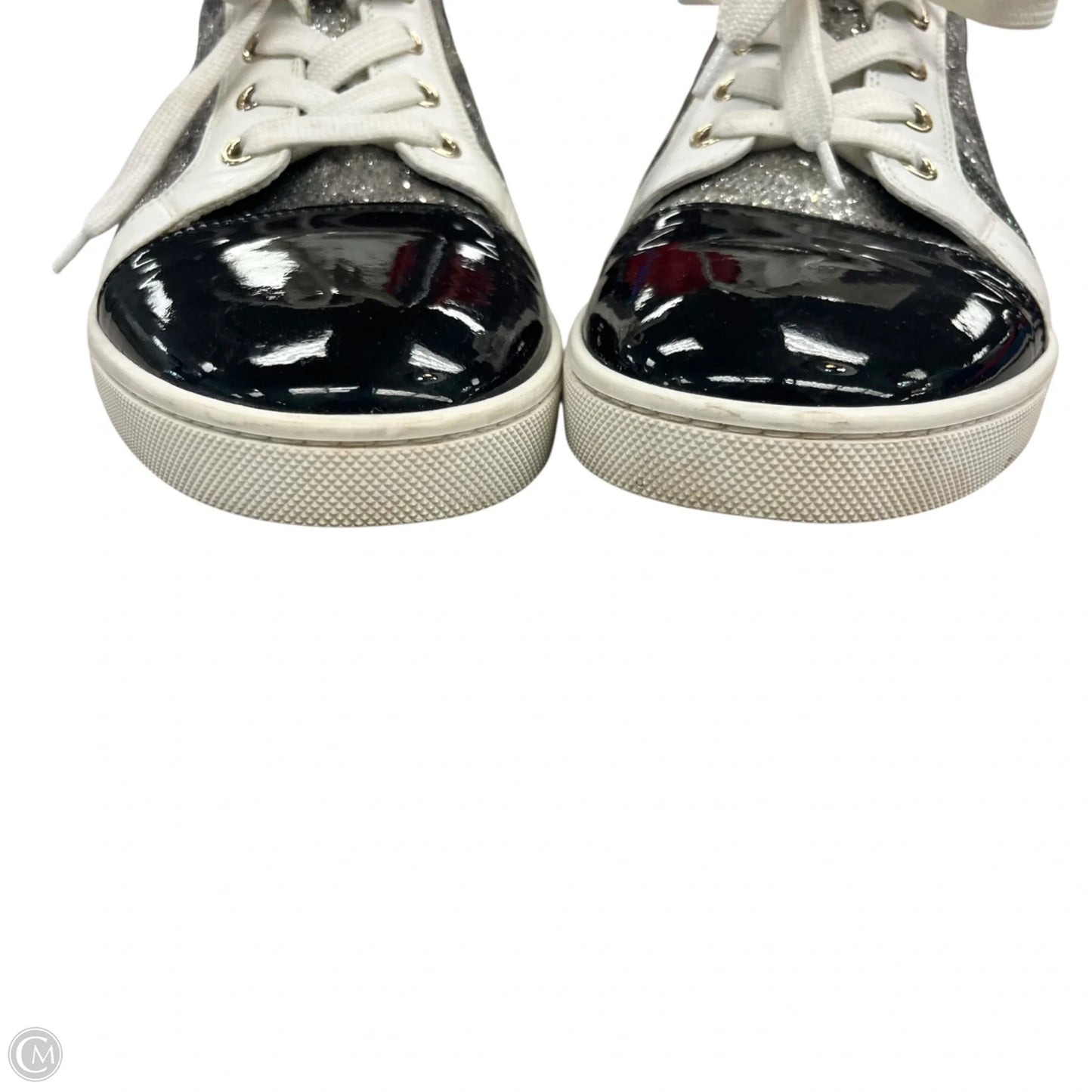Shoes Luxury Designer By Christian Louboutin In Black & Gold, Size: 9