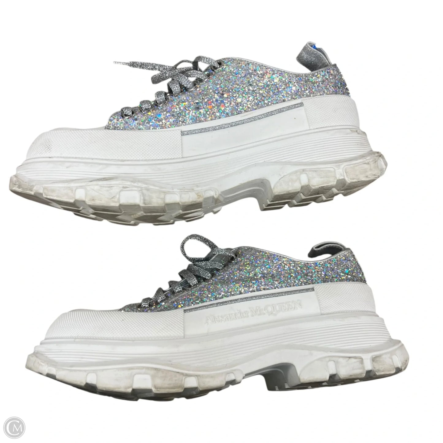 Shoes Luxury Designer By Alexander Mcqueen In Silver & White, Size: 8.5