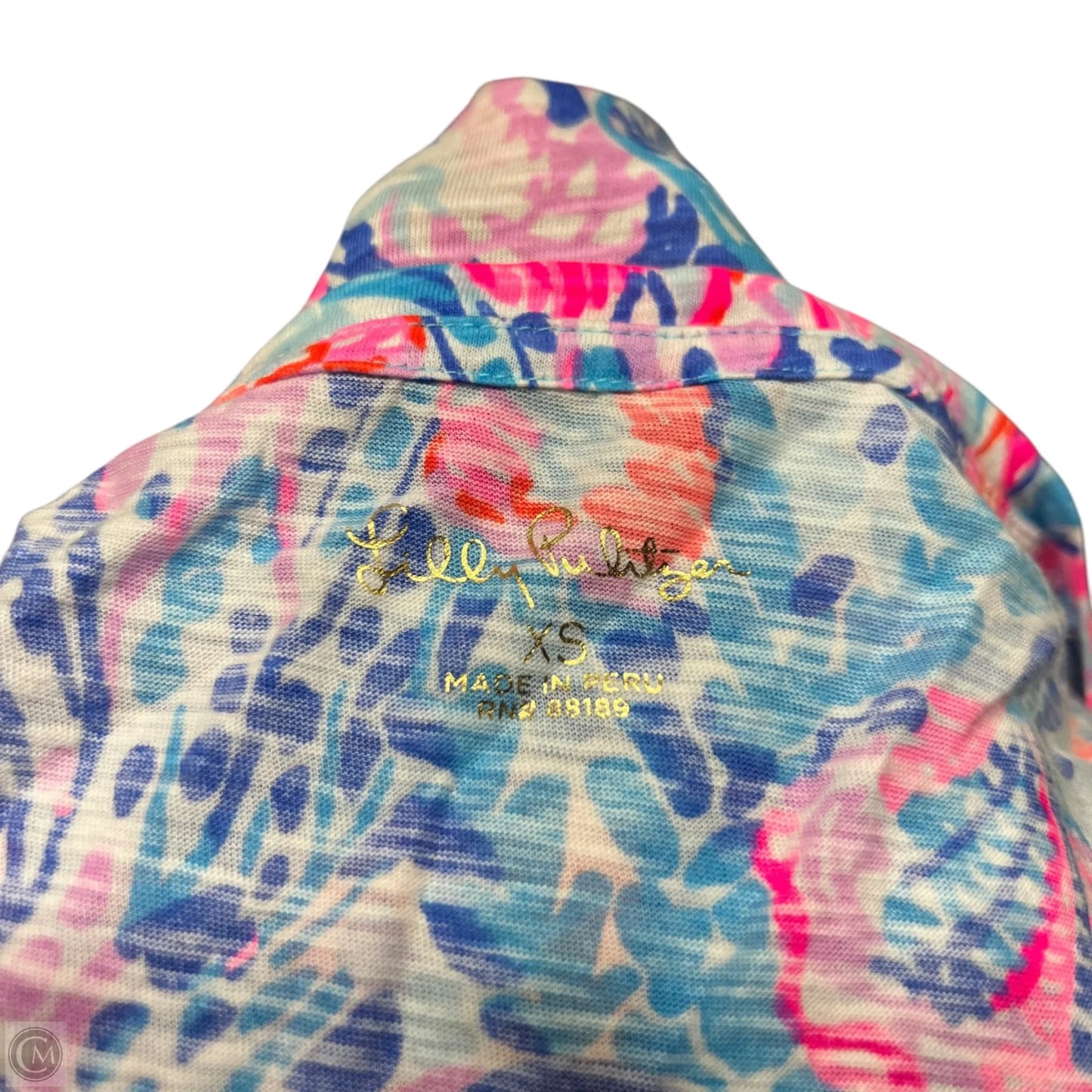 Top Short Sleeve Designer By Lilly Pulitzer In Blue & Pink, Size: Xs