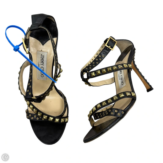 Sandals Luxury Designer By Jimmy Choo In Black & Gold, Size: 7