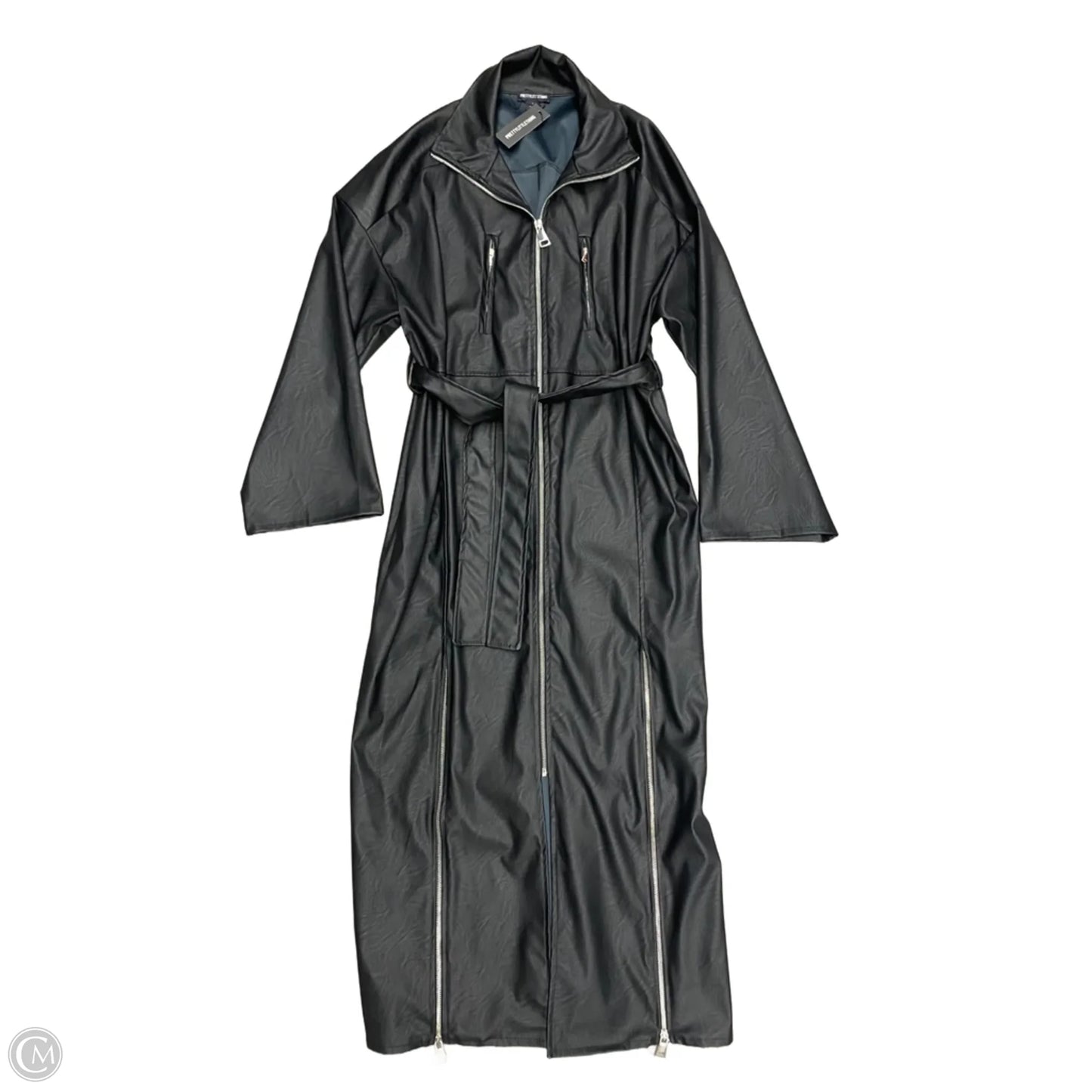 Coat Trench Coat By Pretty Little Thing In Black & Silver, Size: S