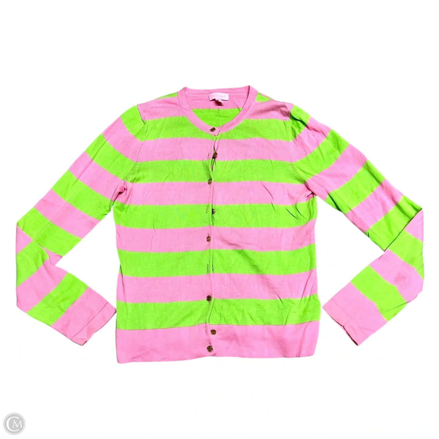 Sweater Cardigan Designer By Lilly Pulitzer In Green & Pink, Size: M