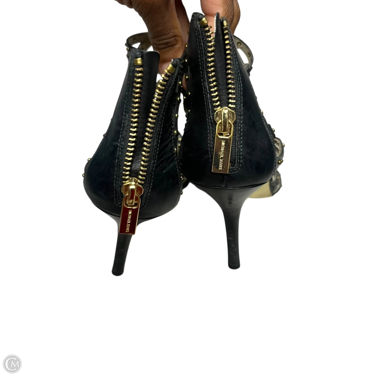 Sandals Heels Stiletto By Michael By Michael Kors In Black & Gold, Size: 9