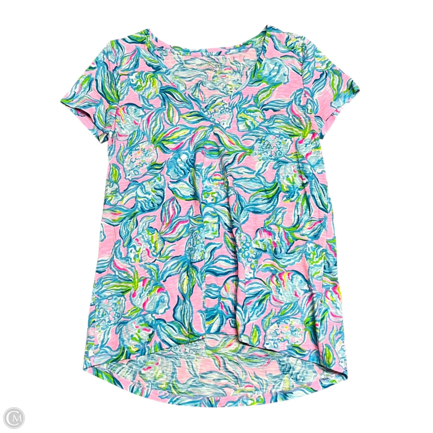 Top Short Sleeve Designer By Lilly Pulitzer In Blue & Pink, Size: S