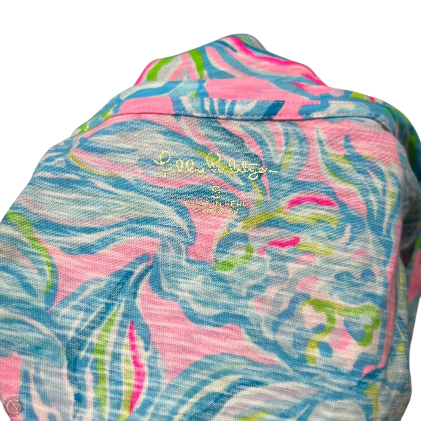 Top Short Sleeve Designer By Lilly Pulitzer In Blue & Pink, Size: S
