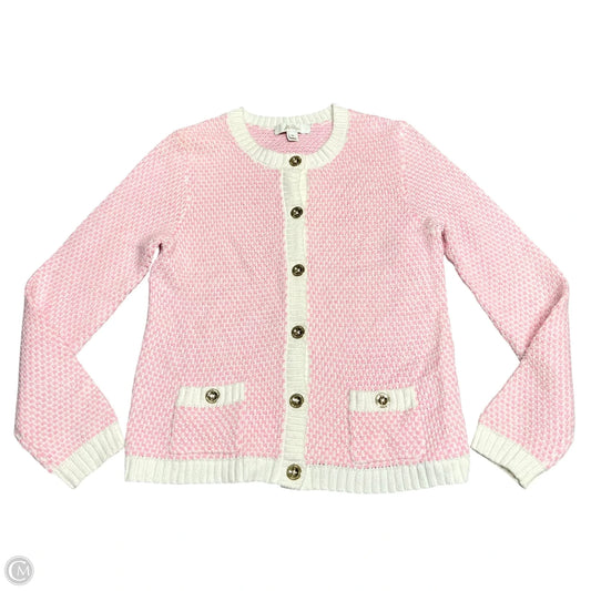 Sweater Cardigan Designer By Lilly Pulitzer In Pink & White, Size: M