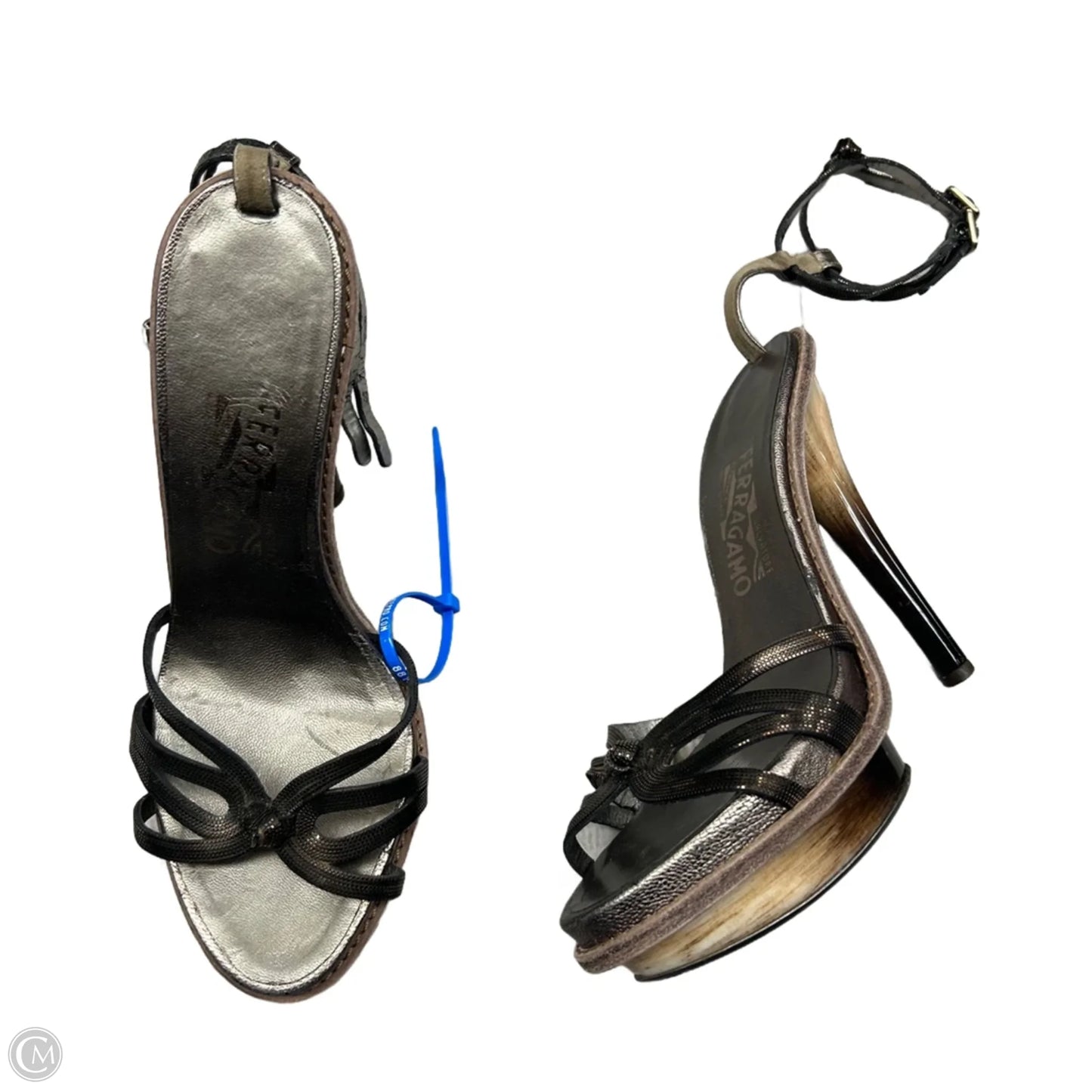 Sandals Luxury Designer By Ferragamo In Bronze, Size: 7.5