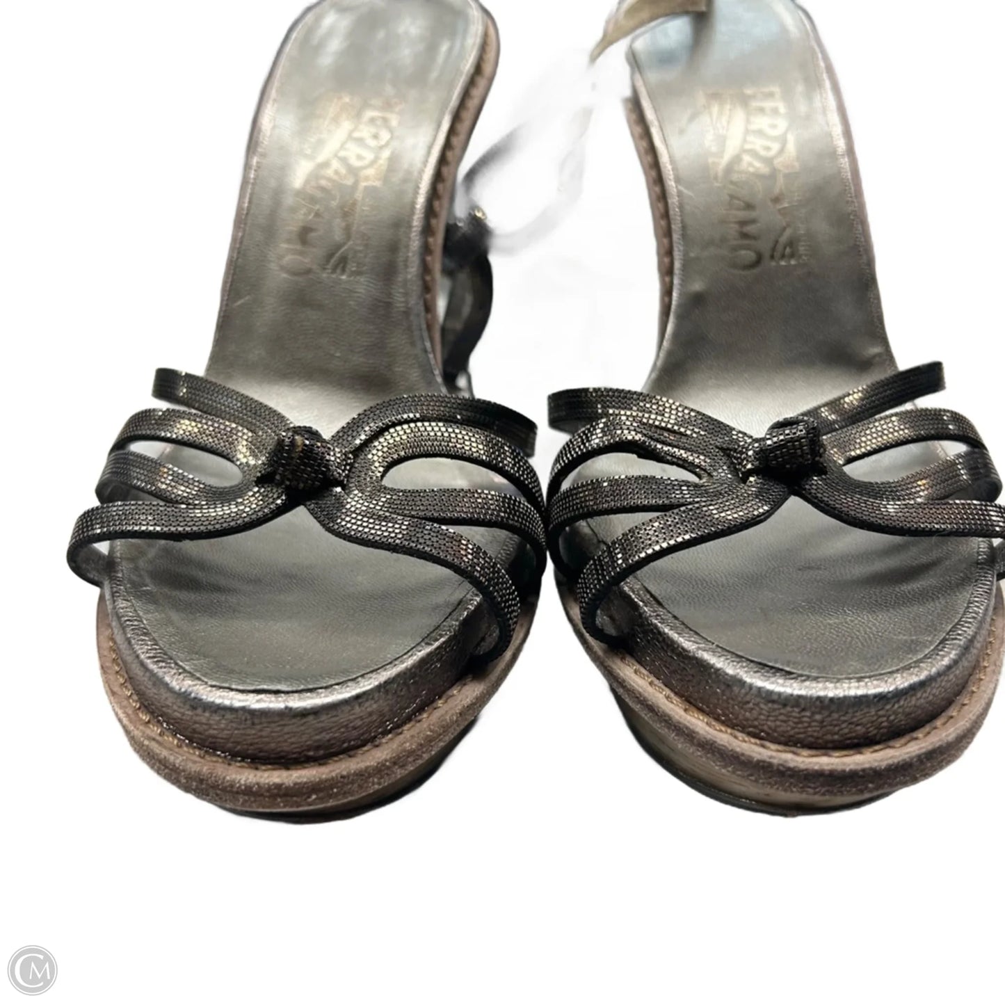 Sandals Luxury Designer By Ferragamo In Bronze, Size: 7.5