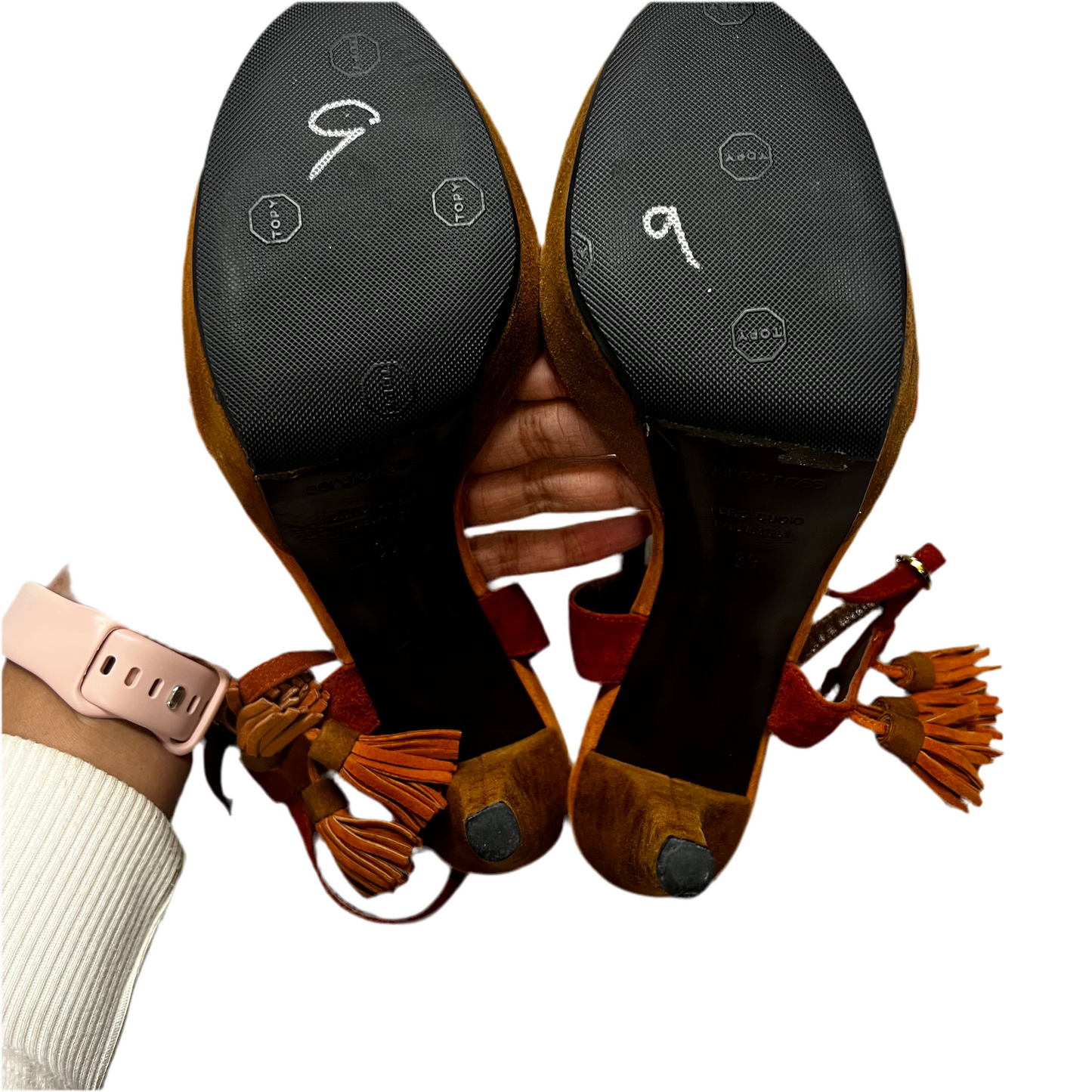 Sandals Designer By Sergio Rossi In Brown & Orange, Size: 8.5