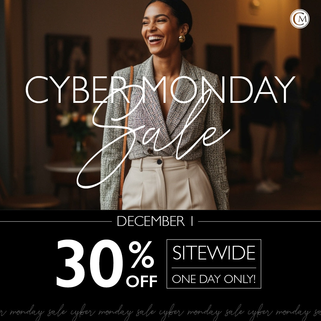 Woman in a stylish outfit with Cyber Monday sale text overlay