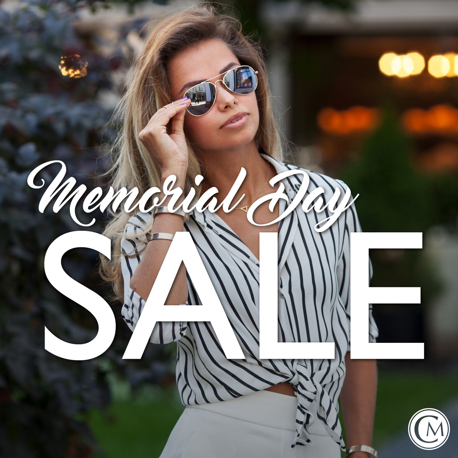 Woman wearing sunglasses with 'Memorial Day Sale' text overlay